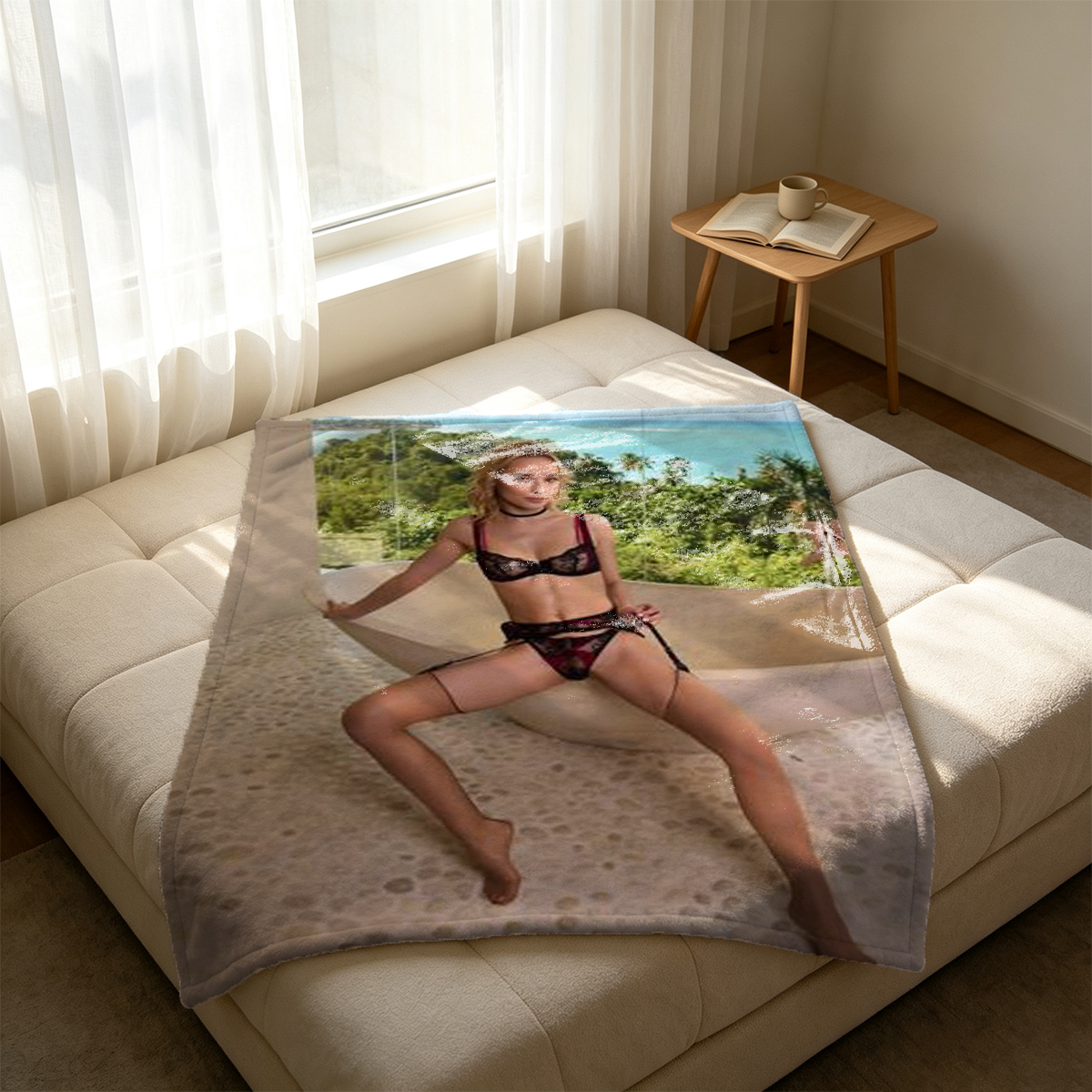 Nude Asian beauty in black stockings kneeling on cushion in modern chair. - Blanket