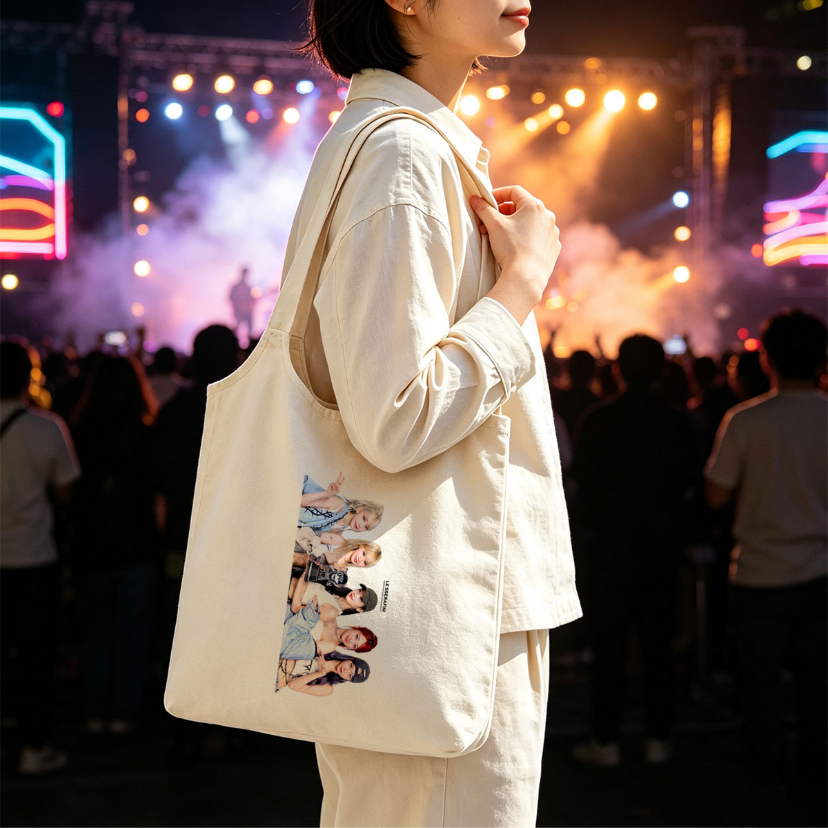 LE SSERAFIM Group Photo - Five Members Posing in Stylish Outfits with Dynamic Expressions and Accessories - Canvas shoulder bags/