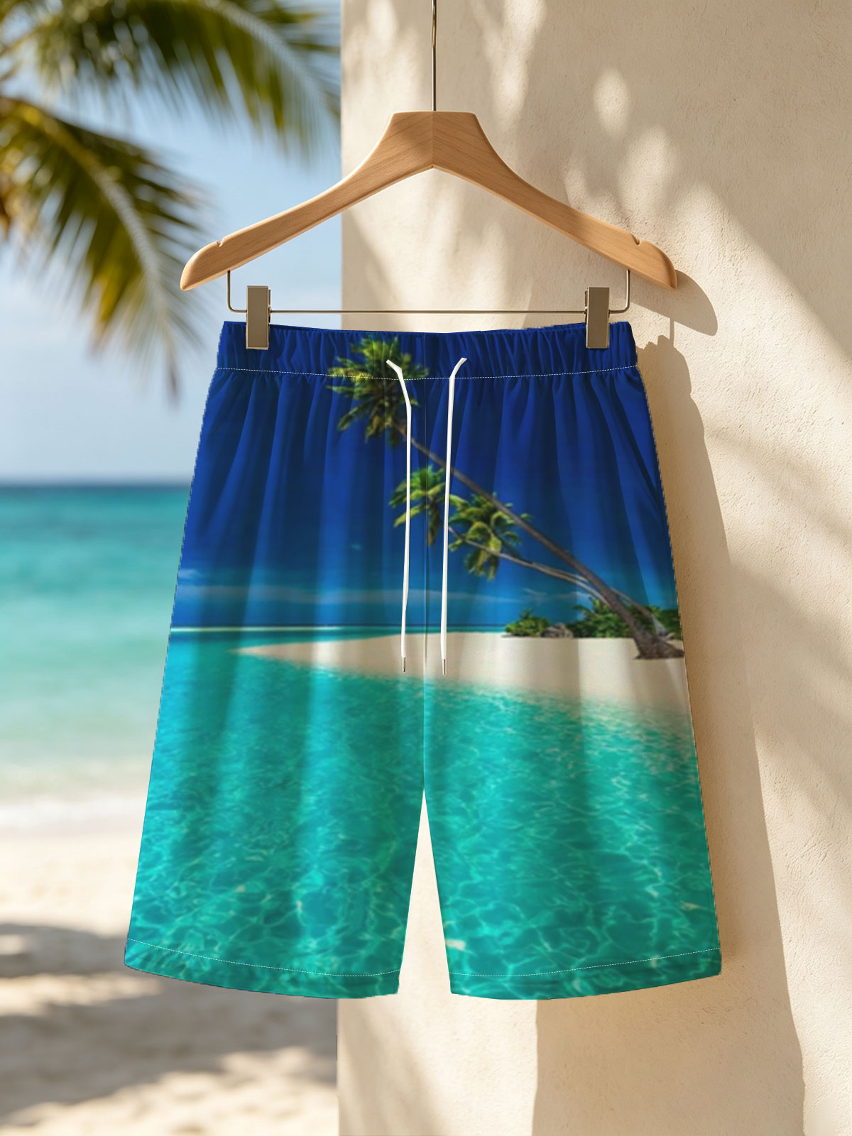 Serene tropical beach with crystal clear turquoise water and leaning palm trees under a vibrant blue sky. -  Beach shorts
