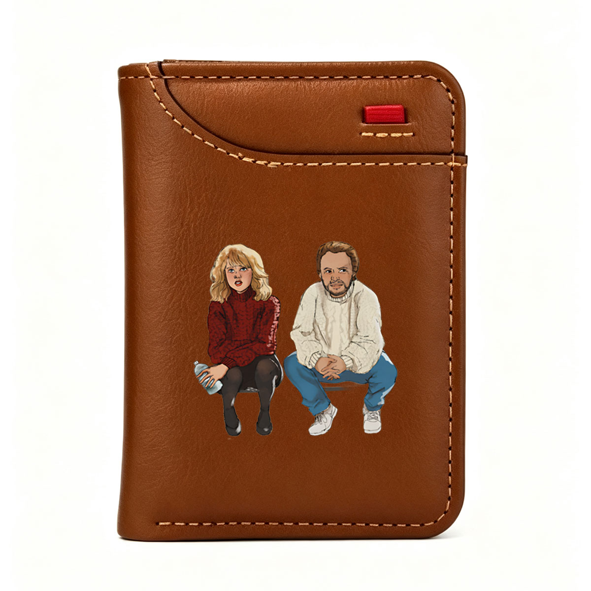 Two individuals seated, one in a red sweater holding a water bottle, the other in a white sweater and blue jeans. - Vertical Style Wallet
