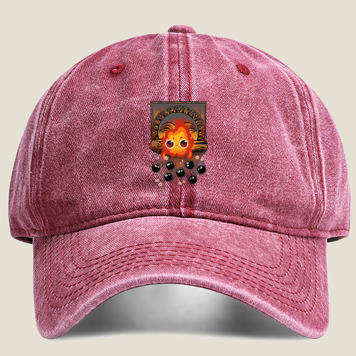 Cute Flame Character with Black Spiky Creatures and Ancient Mask Background - Washed Denim - Baseball Cap
