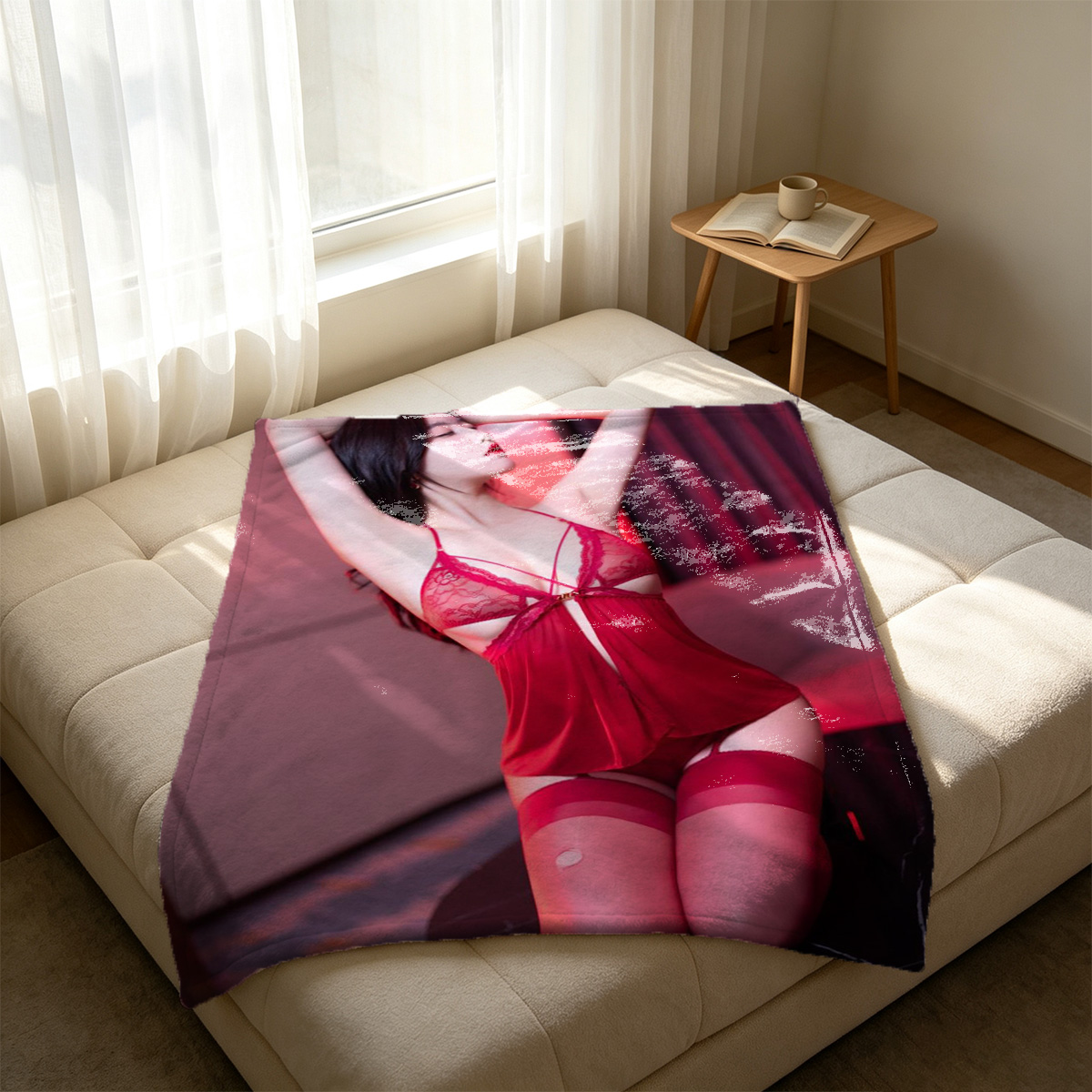 Blonde woman lying naked on wooden floor smiling at camera - Blanket