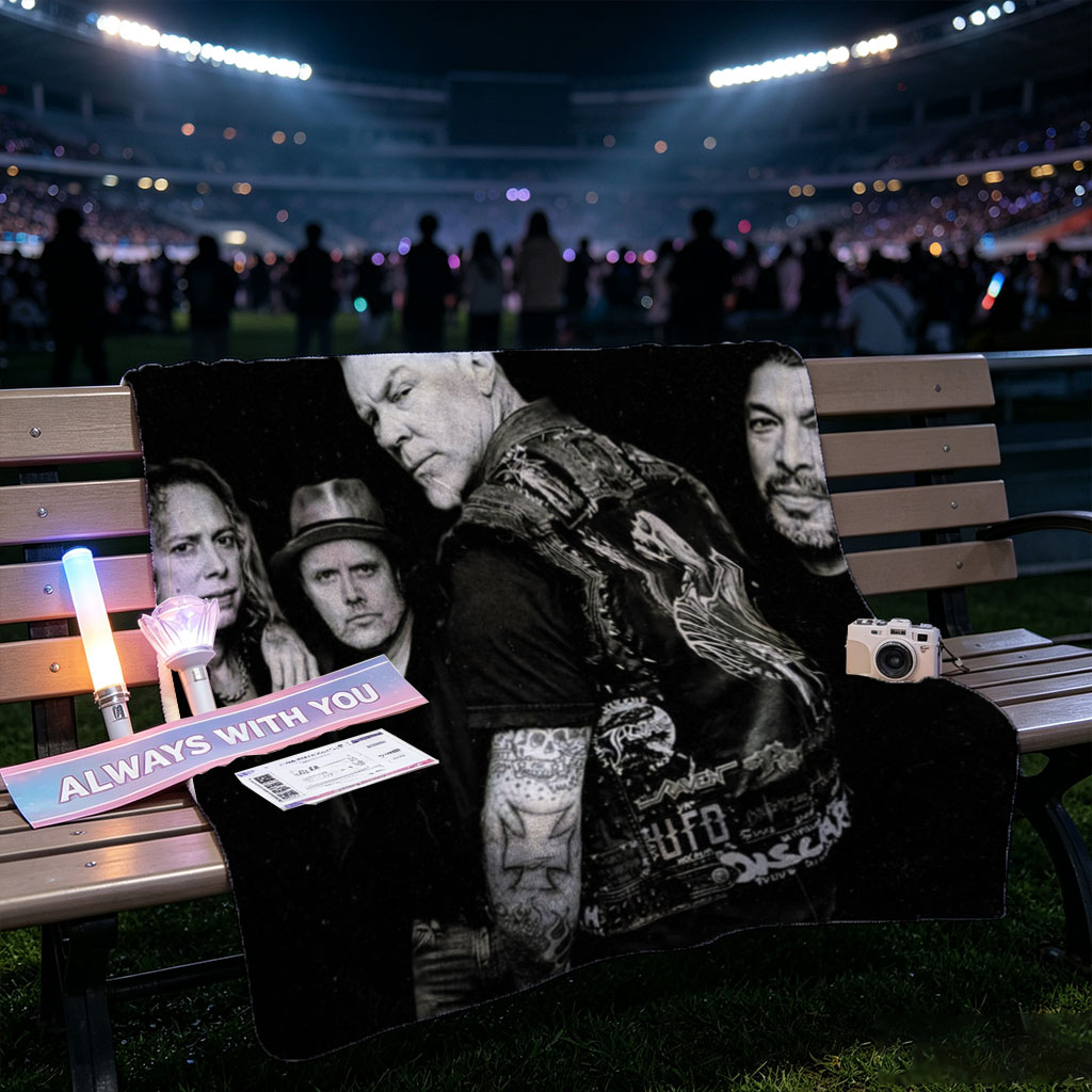 Metallica Band Members in Black and White Portrait with Iconic Logo - Blankets