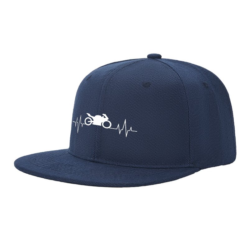 Flat Brim Baseball Cap Motorcycle Heartbeat Print Streetwear Underground Skate Style for Bike Riders and Urban Explorers in City Streets and Racing Tracks