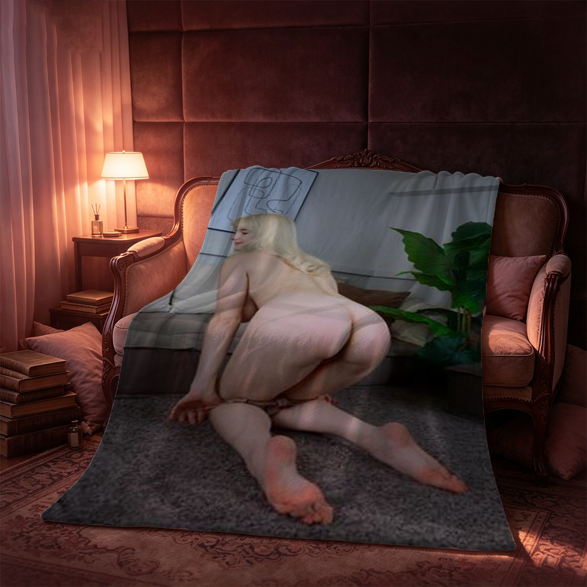 Two women in lingerie on bed, one in white crop top and pink thong, the other in grey towel with hair in bun. - Blanket