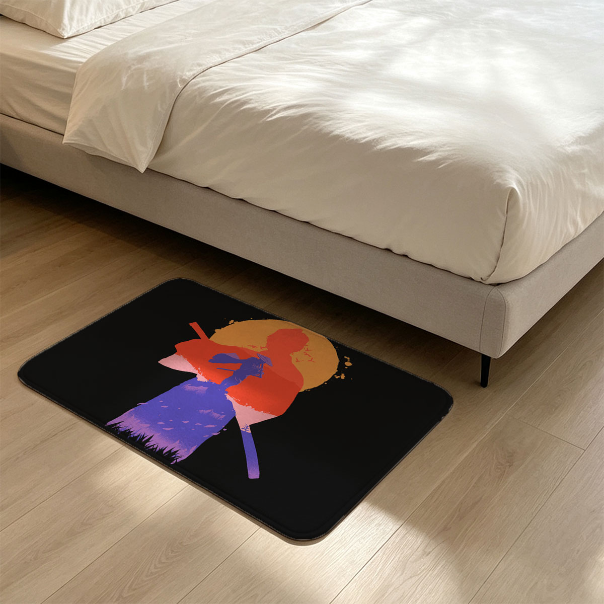 Samurai Silhouette Against Sunset with Mount Fuji and Birds - Flannel floor mat