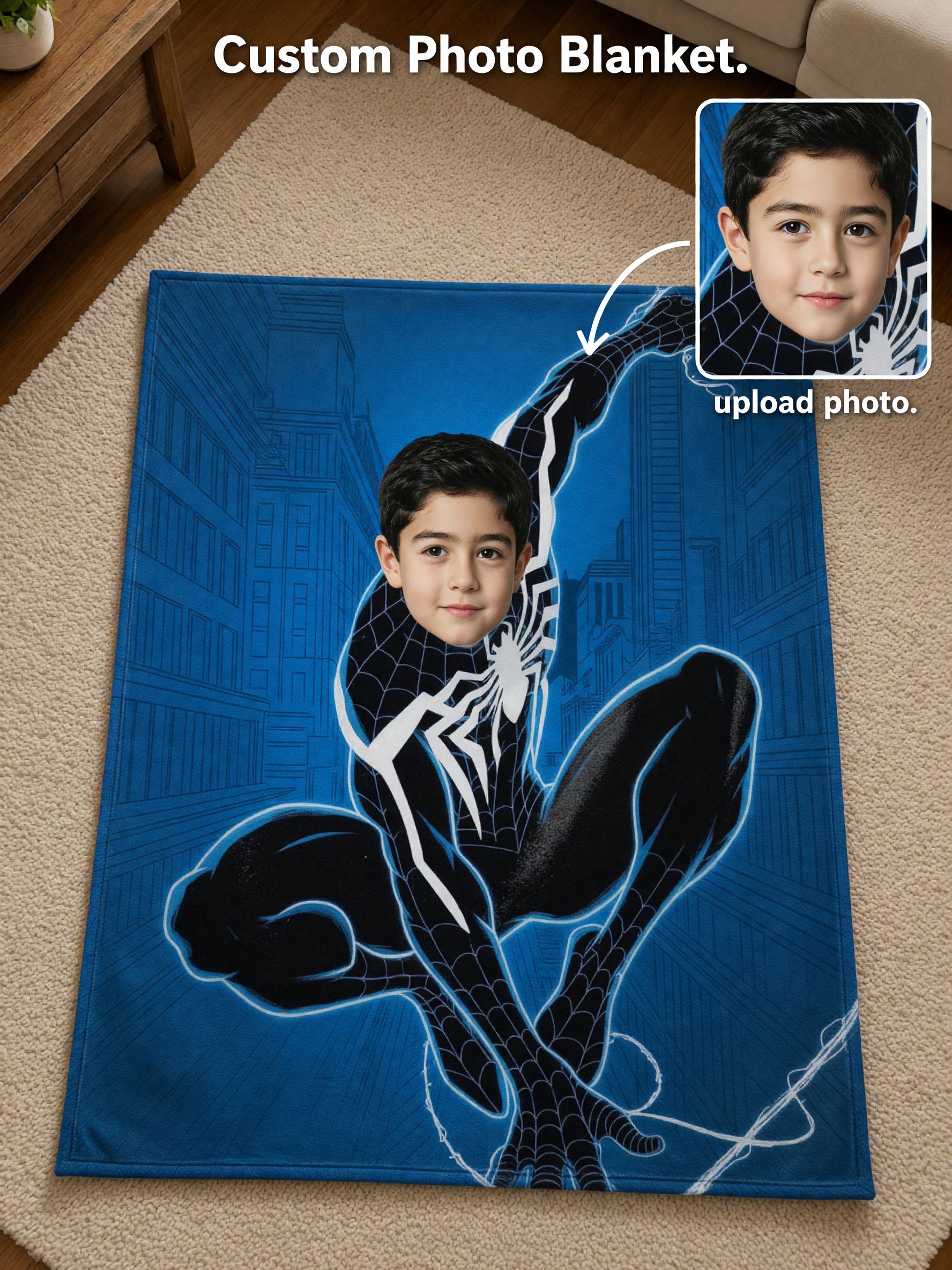 Custom Photo Superhero Face Blanket, Ultra Soft Flannel Fleece Throw, Personalized Cozy Gift for Kids and Fans