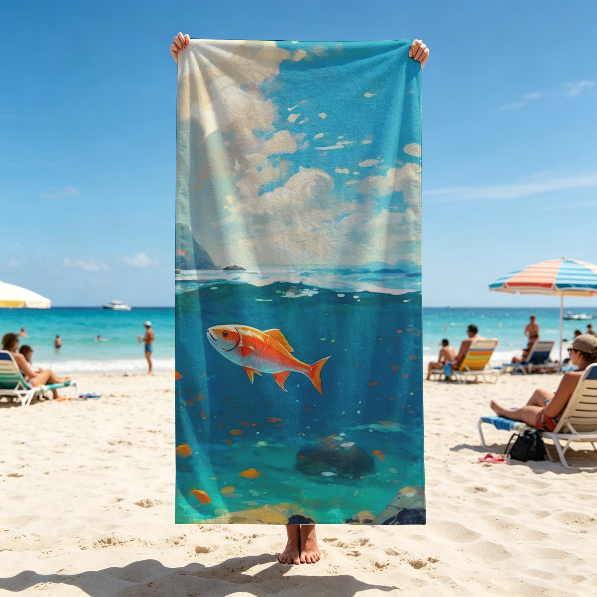 A vibrant orange fish swims gracefully in clear blue waters beneath a sunny sky. - Beach towels