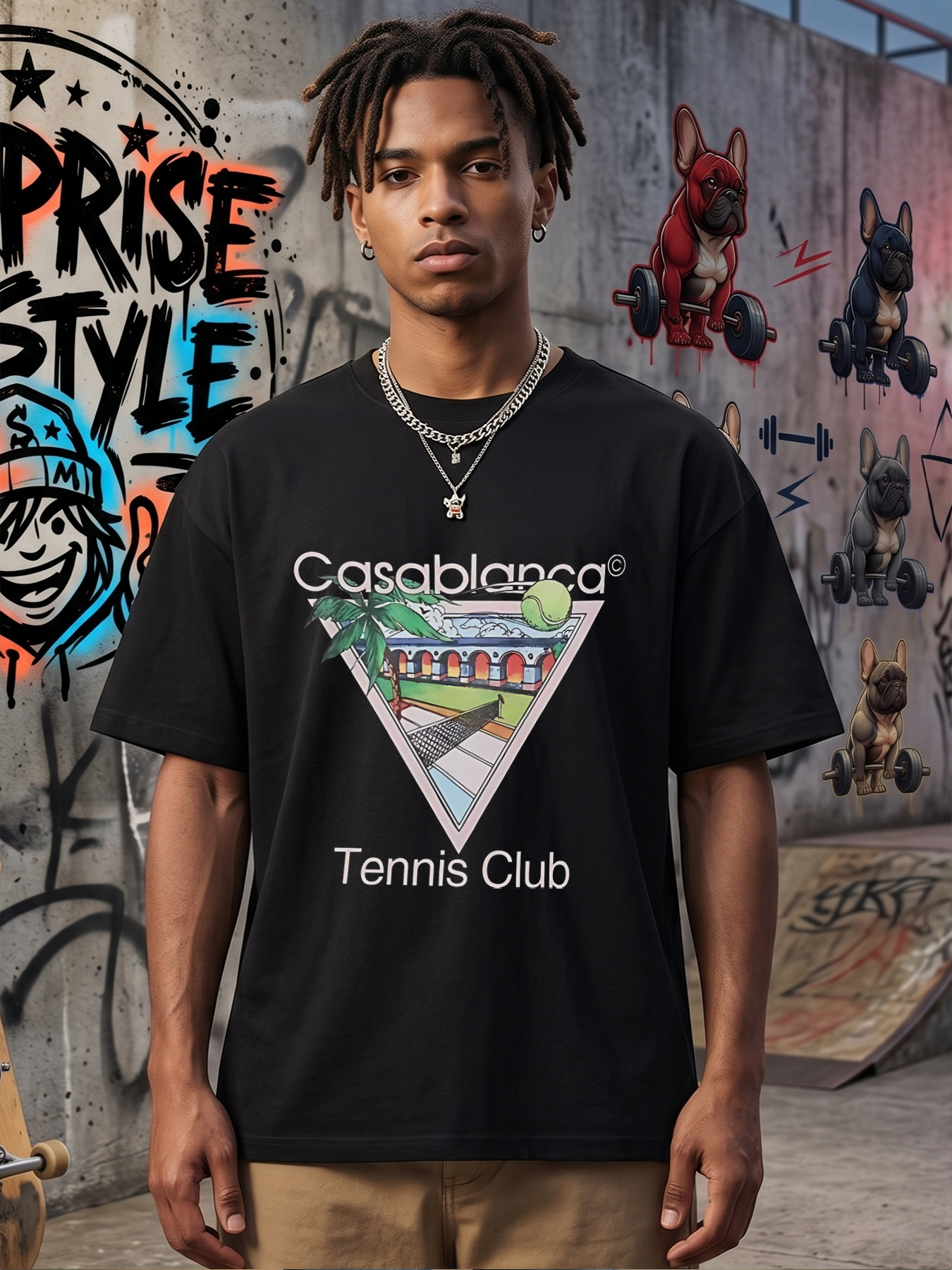 Men's Casablanca Tennis Club Print T-Shirt with Palm Tree and Court Design, Casual Round Neck Lightweight Breathable Summer Short Sleeve Tee for Tennis Enthusiasts and Outdoor Sports Lovers