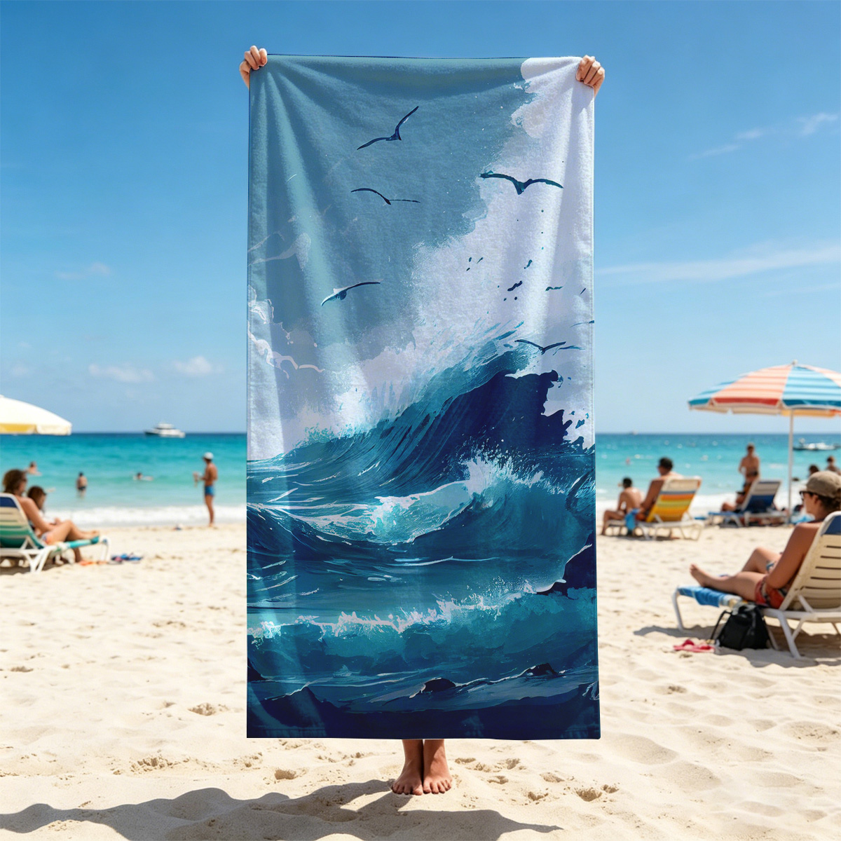 Mighty waves crash against rocks as seagulls soar above the stormy sea. - Beach towels