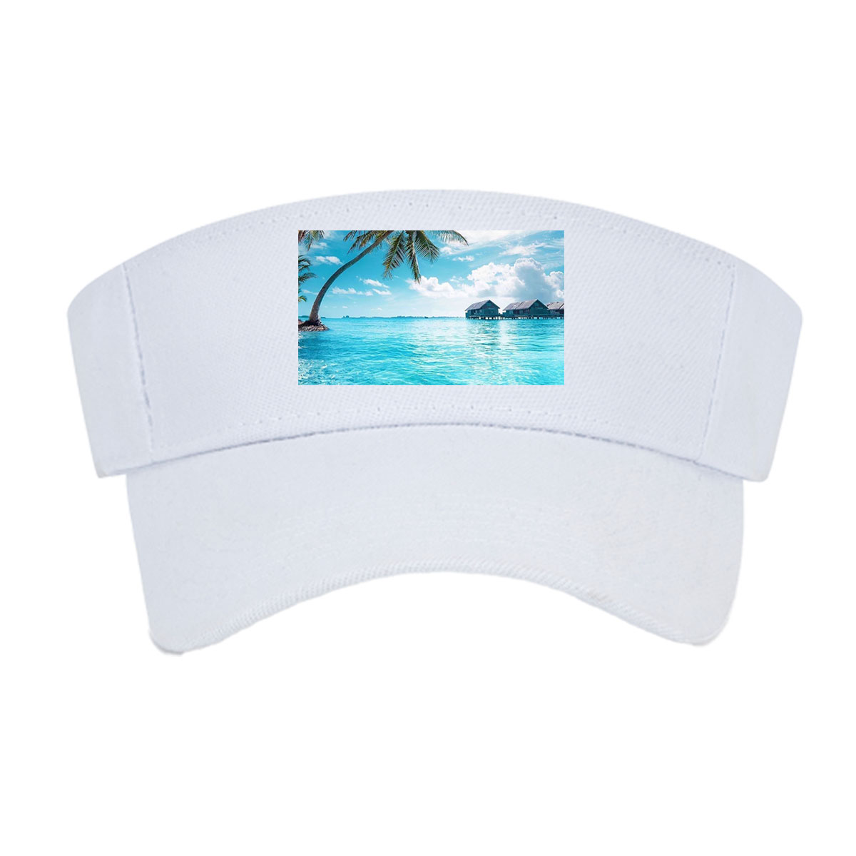Tropical paradise with palm trees and overwater bungalows in crystal clear blue waters. -  Visor cap