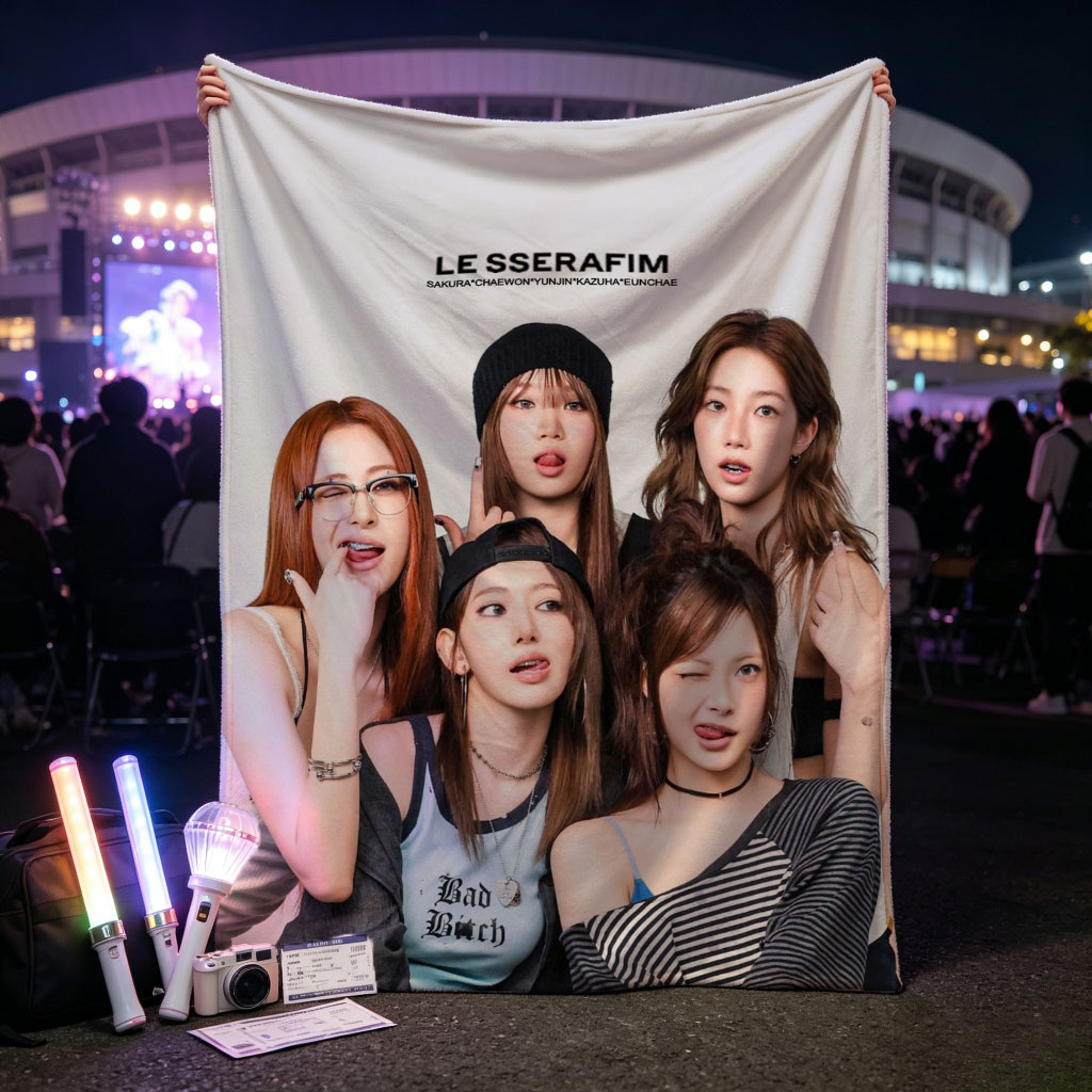 LE SSERAFIM Group Photo with Members in Casual Outfits and Playful Poses - Blankets