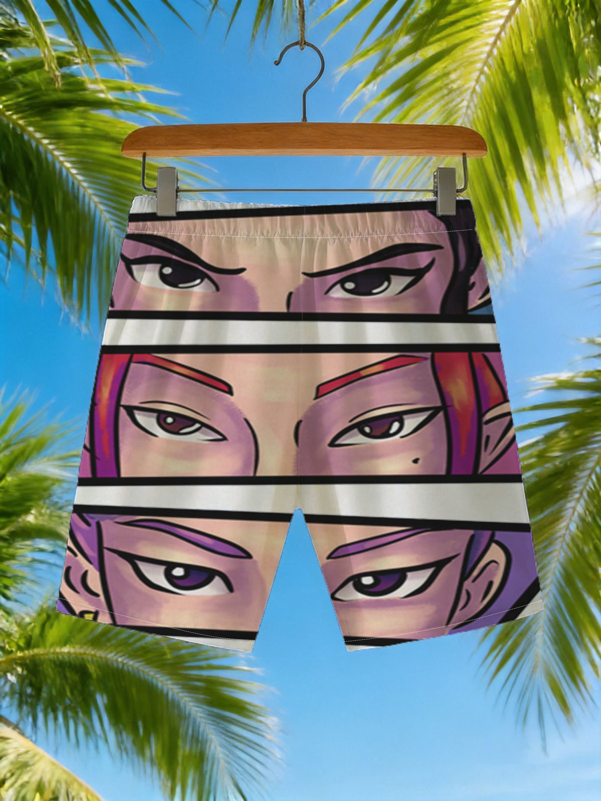 Three Anime Characters with Intense Eyes: Close-Up Portraits -  Beach shorts