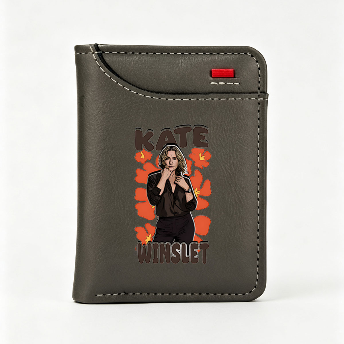 Kate Winslet in a stylish black outfit with floral background - Vertical Style Wallet