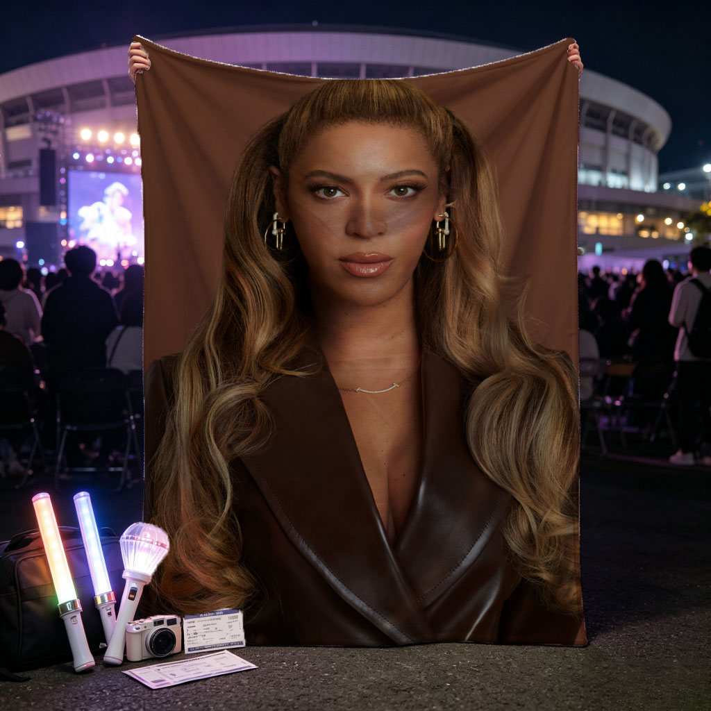 Beyonce in a Bold Brown Leather Look with Elegant Waves and Gold Jewelry - Blankets