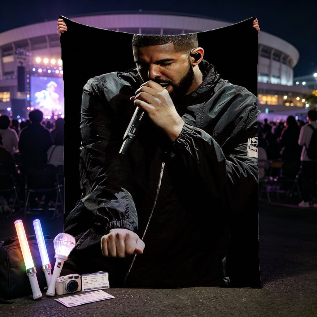 Drake Performing on Stage Holding Microphone in Black Jacket - Blankets