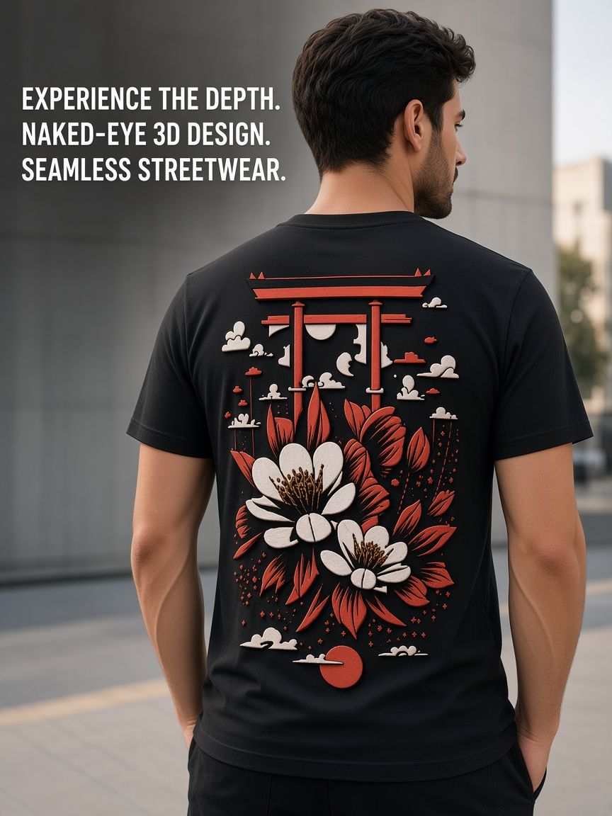 Japanese Torii Floral 3D Optical Illusion Graphic Tee Breathable Athletic Mesh T-Shirt Casual Sports Wear