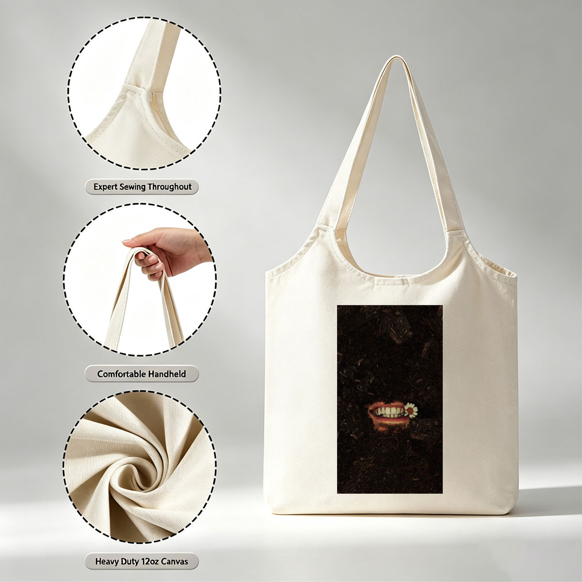 Mysterious Mouth in Soil with Daisy Flower in Teeth - Canvas shoulder bags/