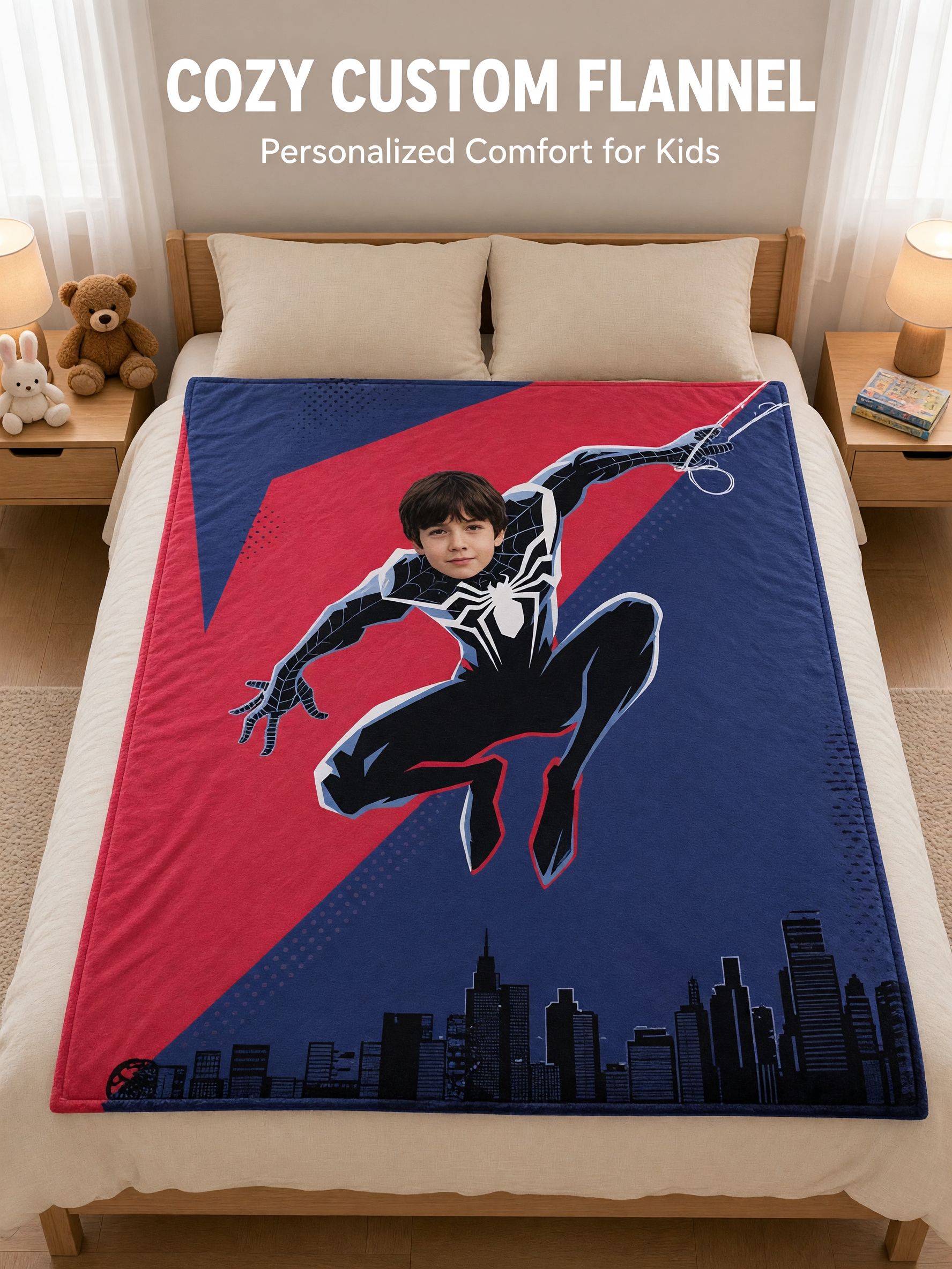 Custom Photo Superhero Flannel Blanket Ultra Soft Personalized Face Throw Blanket for Kids and Teens Bedding Decor