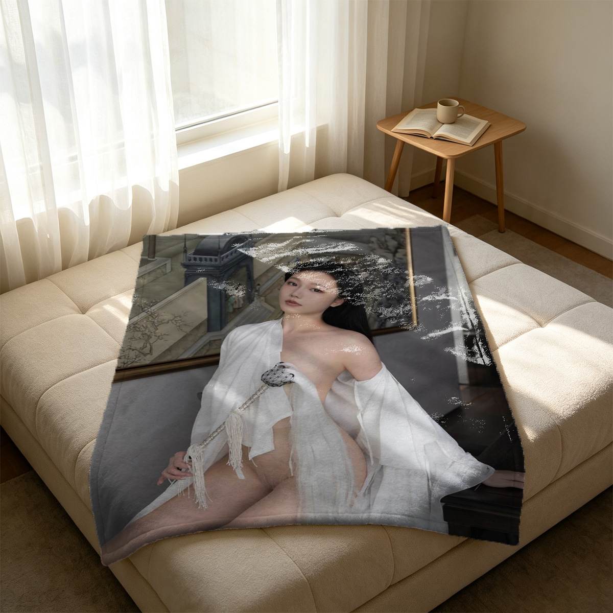 Two Beauties in Seductive Lingerie and Kimono Robes Embracing in a Luxurious Room - Blanket