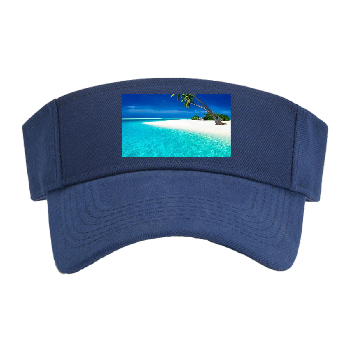 Serene tropical beach with crystal clear turquoise water and leaning palm trees under a vibrant blue sky. -  Visor cap