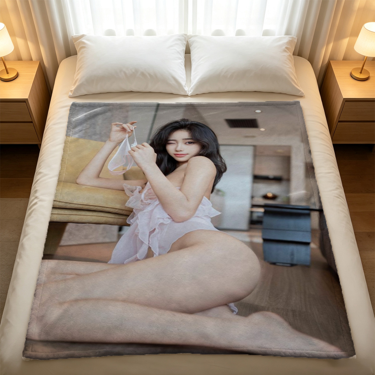 Wet Japanese Model in Beige Bikini Under Shower - Blanket