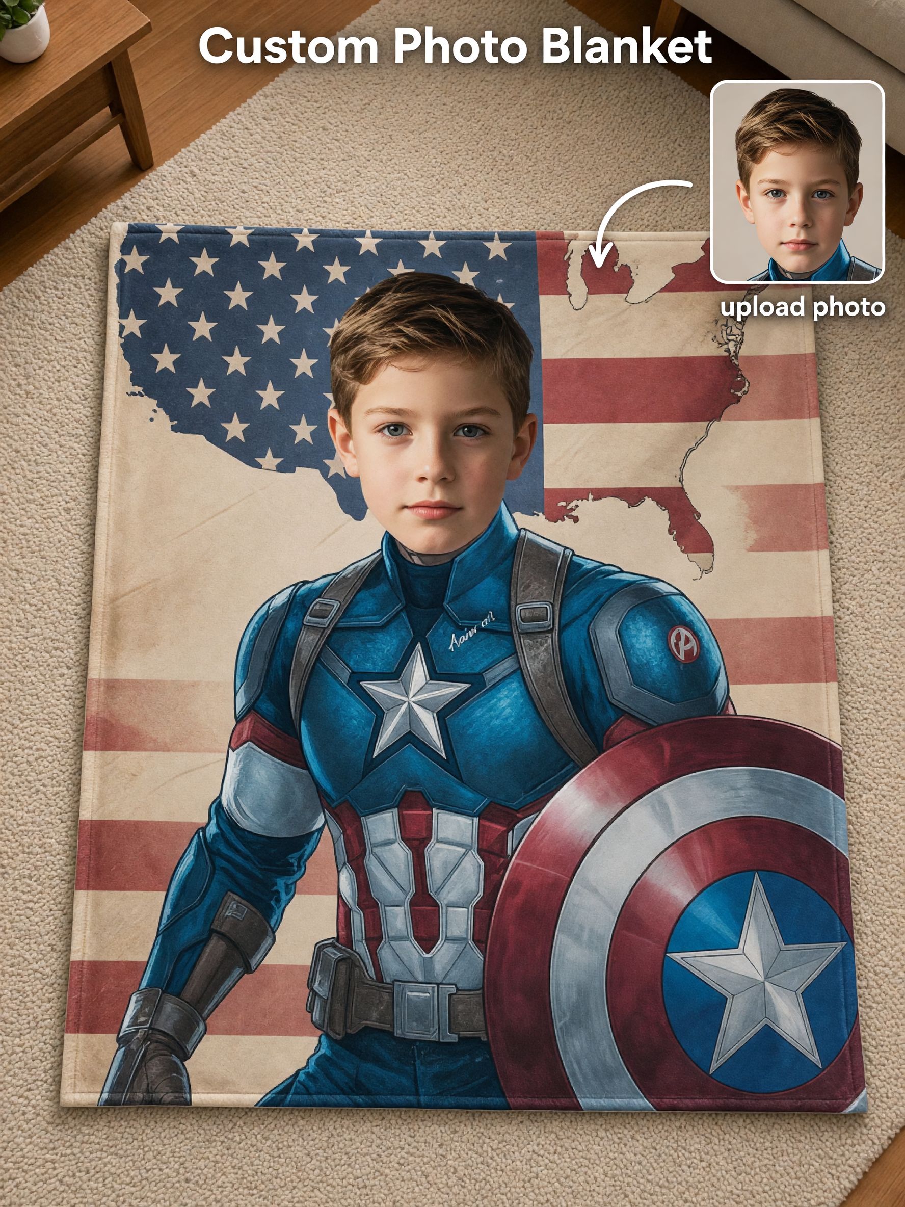Custom Face Superhero Flannel Blanket Personalized Photo Throw Soft Patriotic Hero Bedding Gift for Kids and Adults