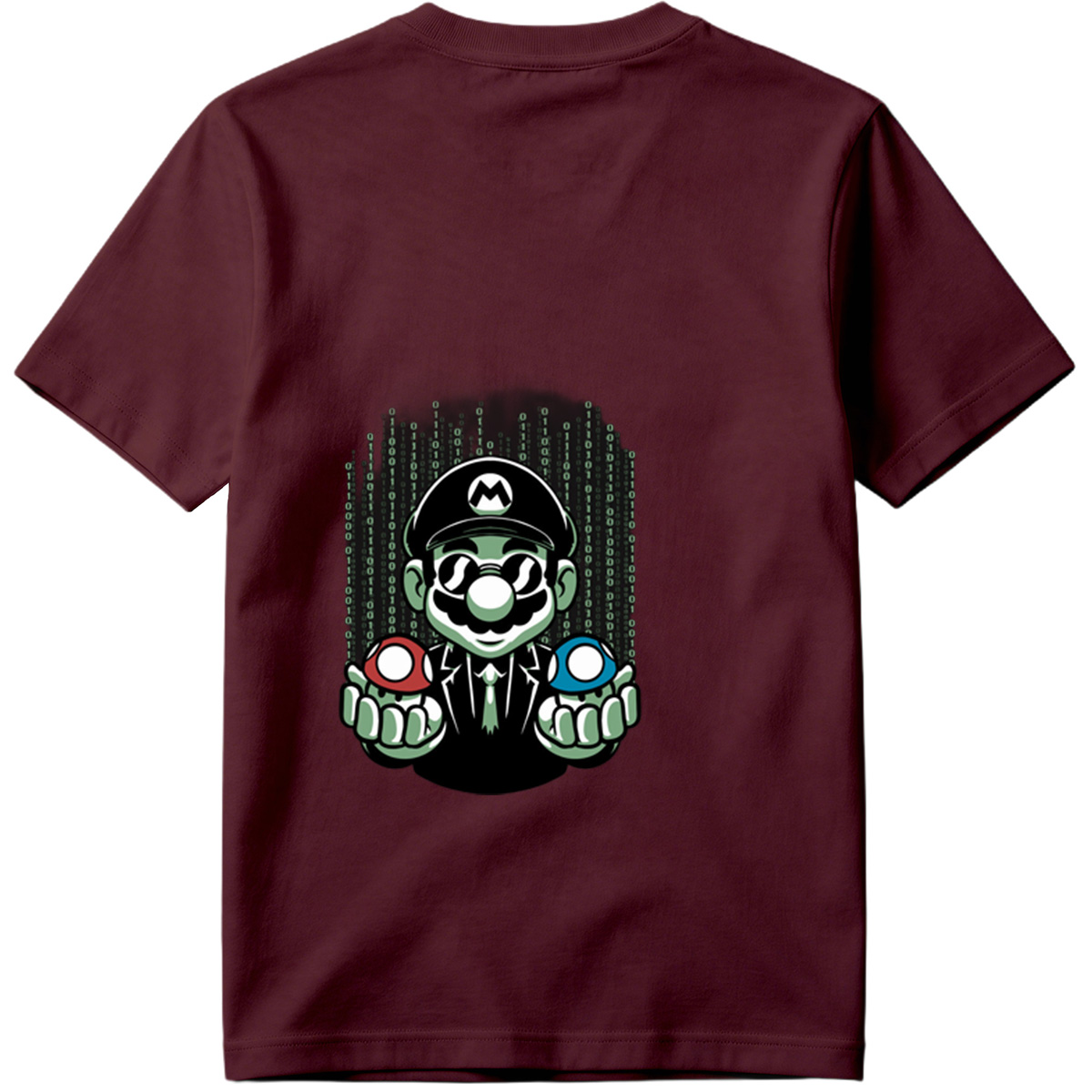 Mario in Matrix Code with Red and Blue Mushrooms - Tee