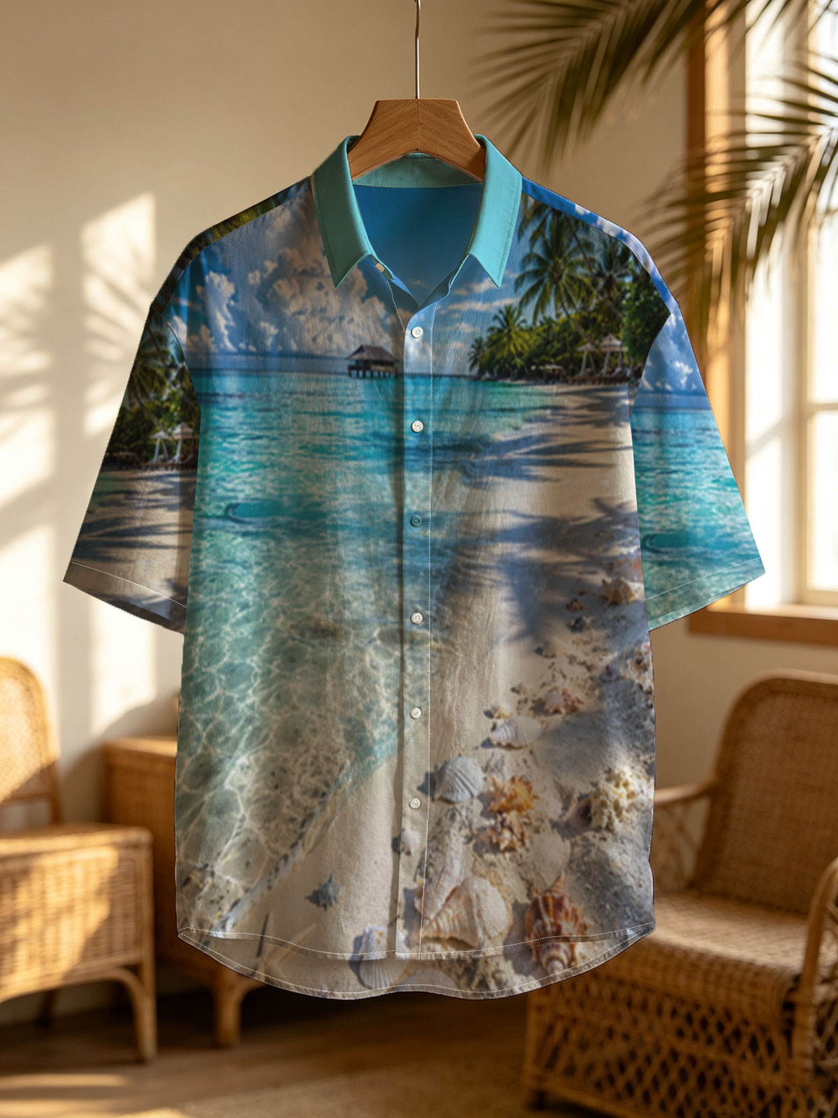 Tropical Beach with Clear Water, Shells, and Palm Trees -  Shirt