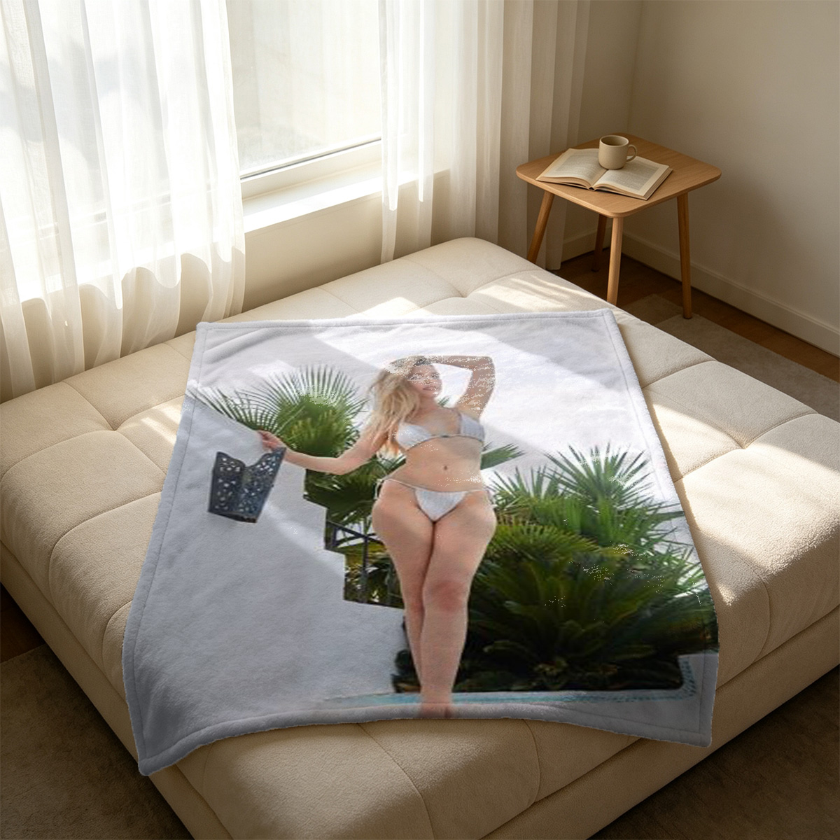 Korean Beauty in Black Lace Lingerie on Leather Couch - Blanket
