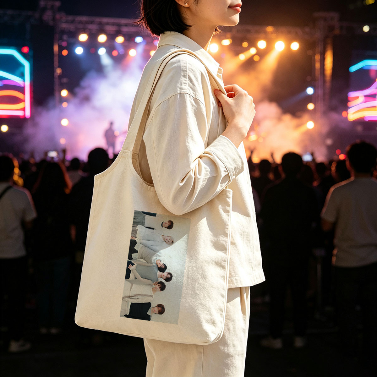 TOMORROW X TOGETHER Members Lying on White Background in Coordinated Outfits - Canvas shoulder bags/