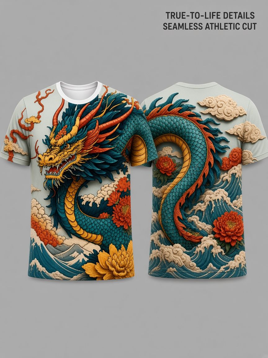 Oriental Dragon 3D Optical Illusion Graphic Tee Breathable Athletic Mesh T-Shirt for Casual and Sports Wear