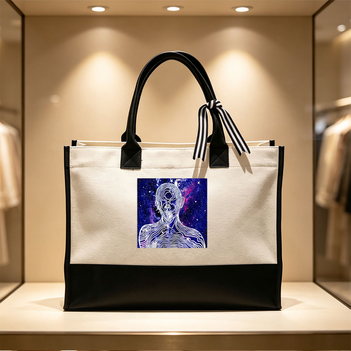 Abstract Line Art of a Human Figure Against a Cosmic Background - Canvas patchwork gift tote bag