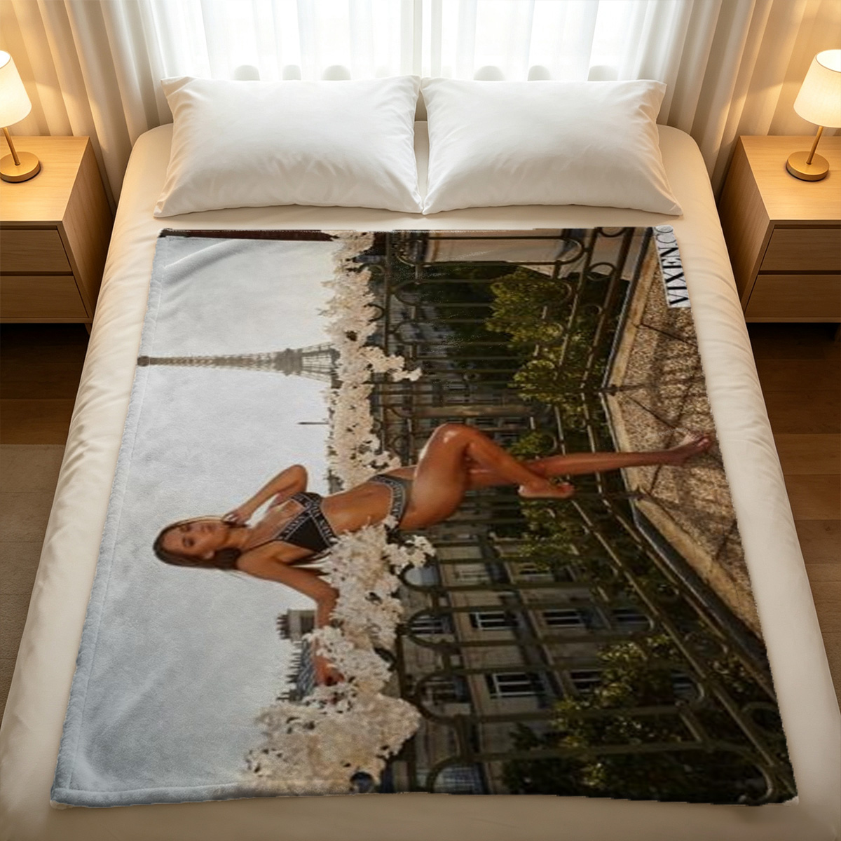 Woman in white lace lingerie posing on orange couch. - Blanket