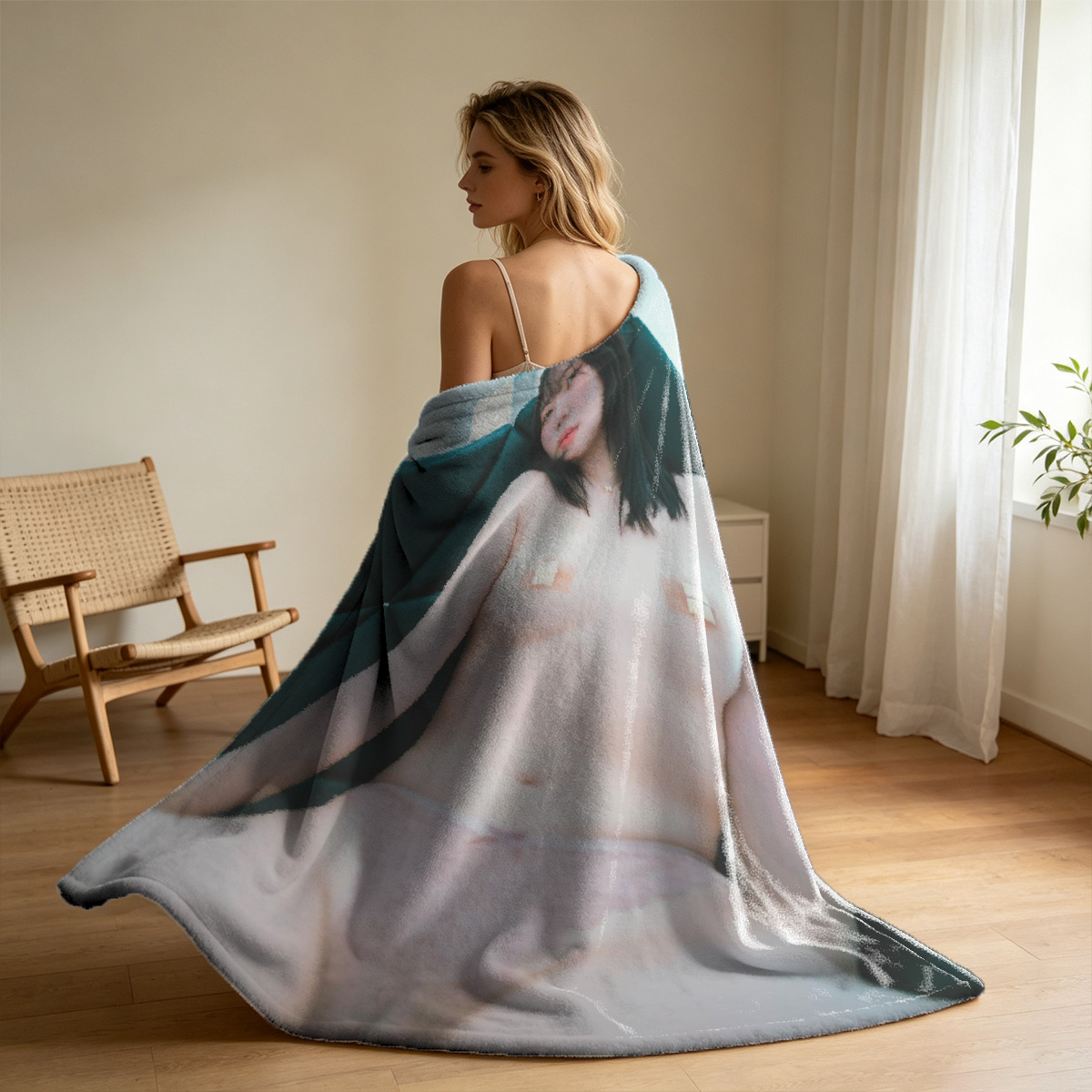 Nude Woman Posing on Chair in Rustic Living Room - Blanket
