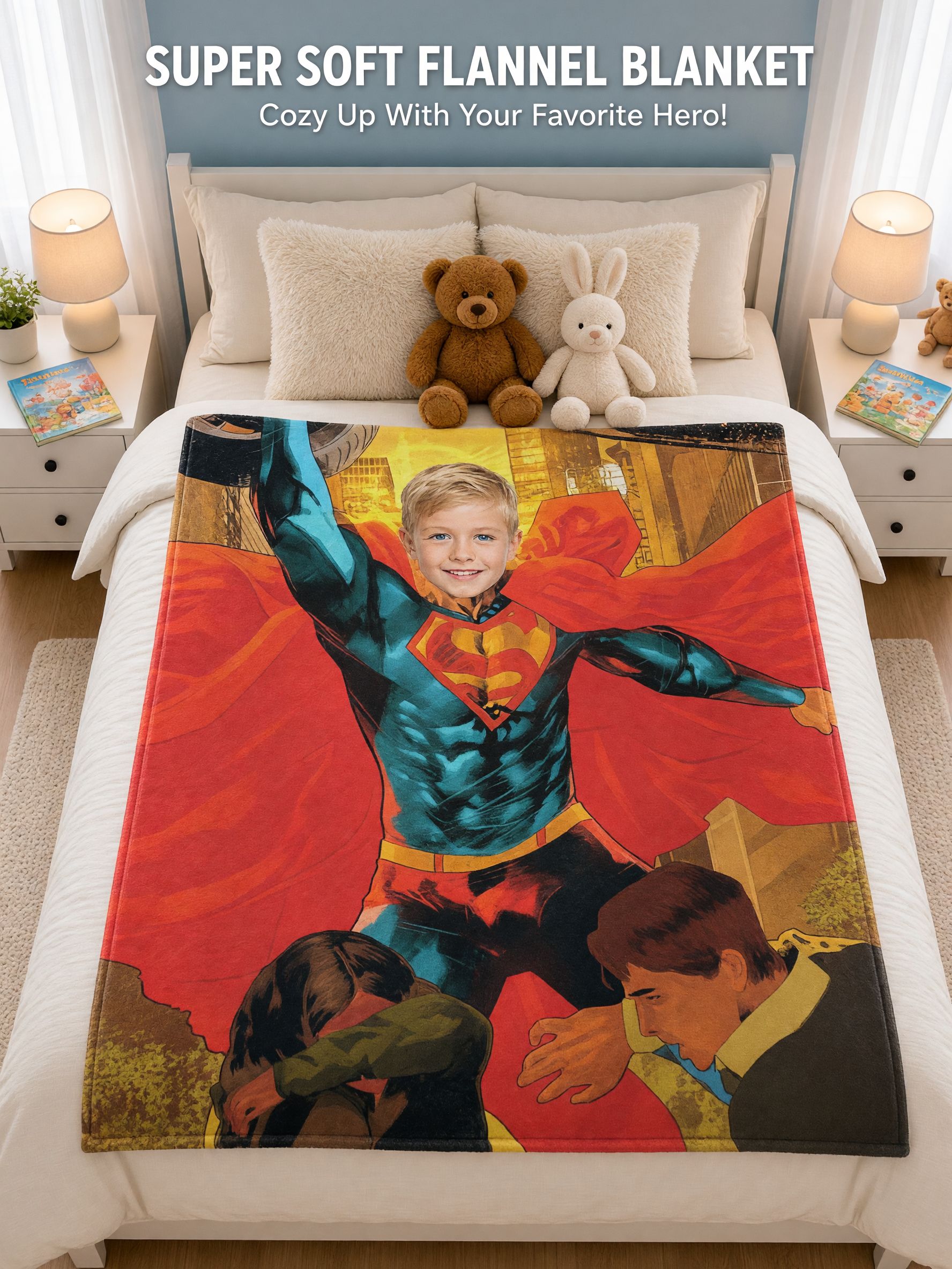 Personalized Superhero Photo Face Flannel Blanket, Custom Comic Fleece Throw, Cozy Keepsake Gift for Bed Couch