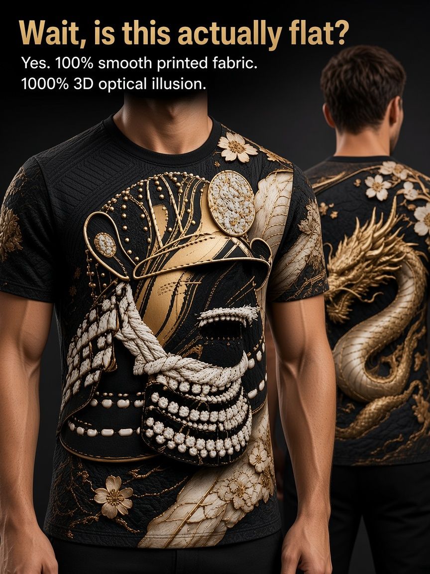 Gold Samurai Dragon 3D Optical Illusion Graphic Tee Breathable Athletic Mesh T-Shirt Casual And Sports Wear