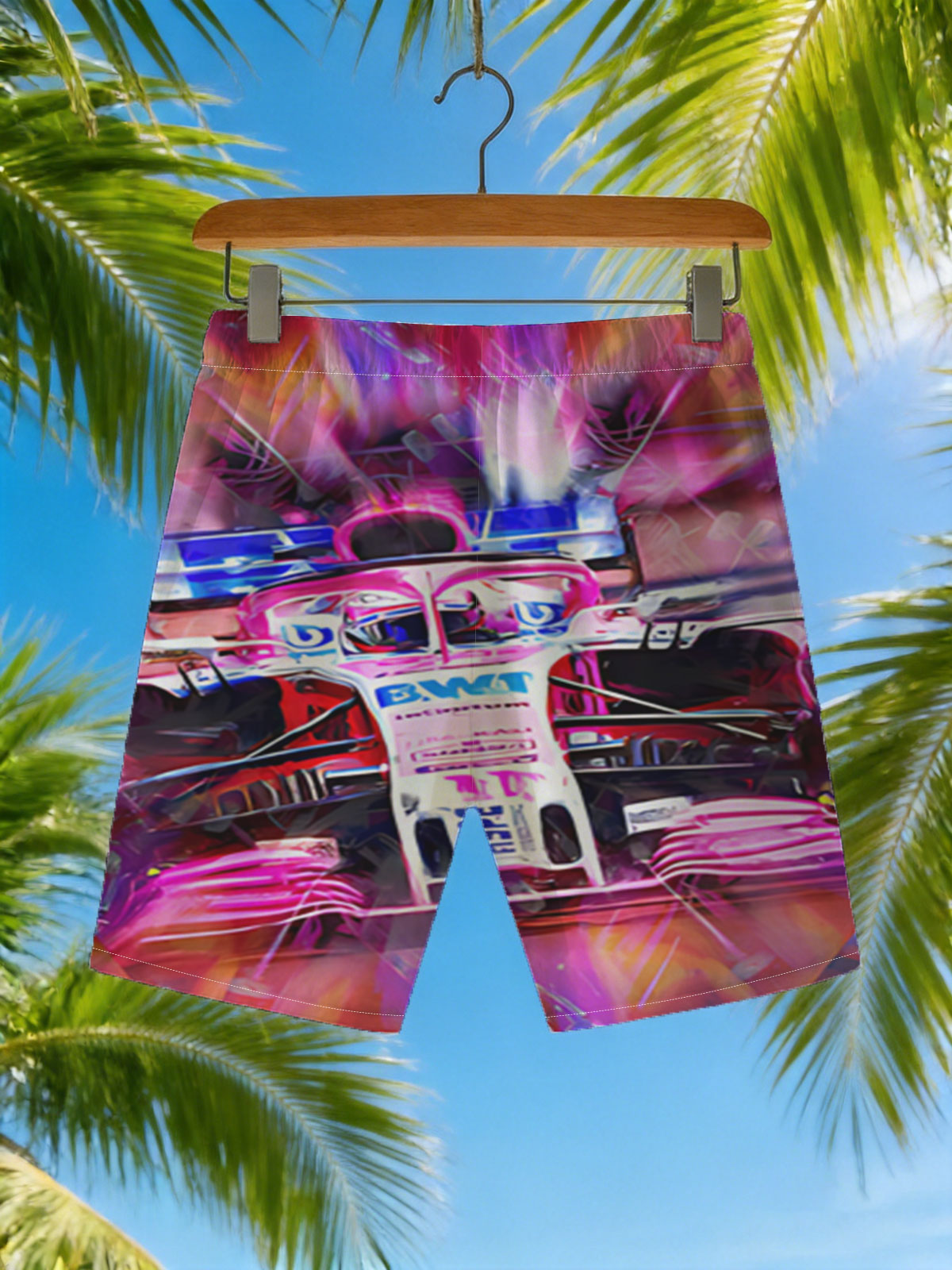 F1 Racing Car in Vibrant Motion Art -  Beach shorts