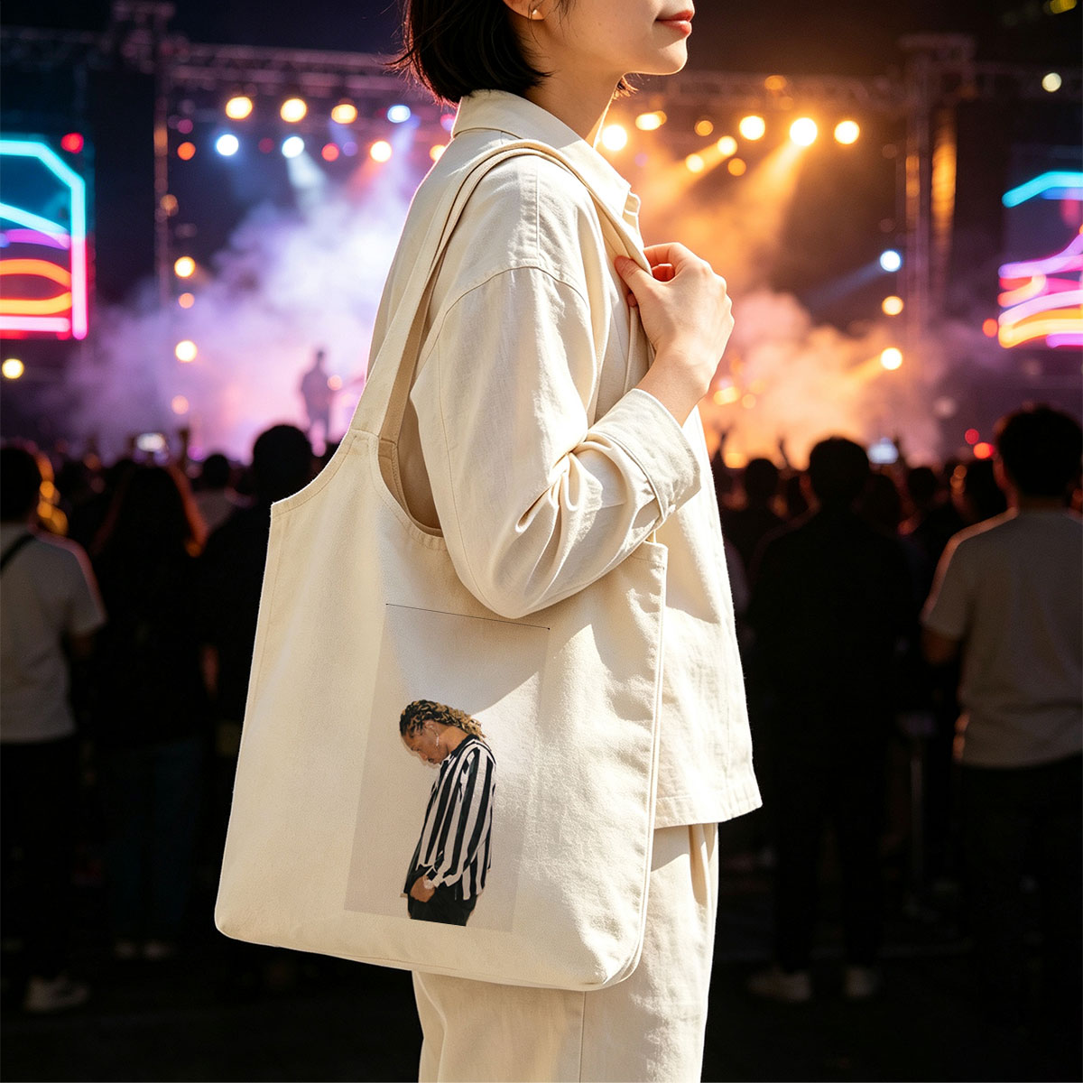 Lil Durk in a Striped Shirt with Braided Hair Against a White Background - Canvas shoulder bags/