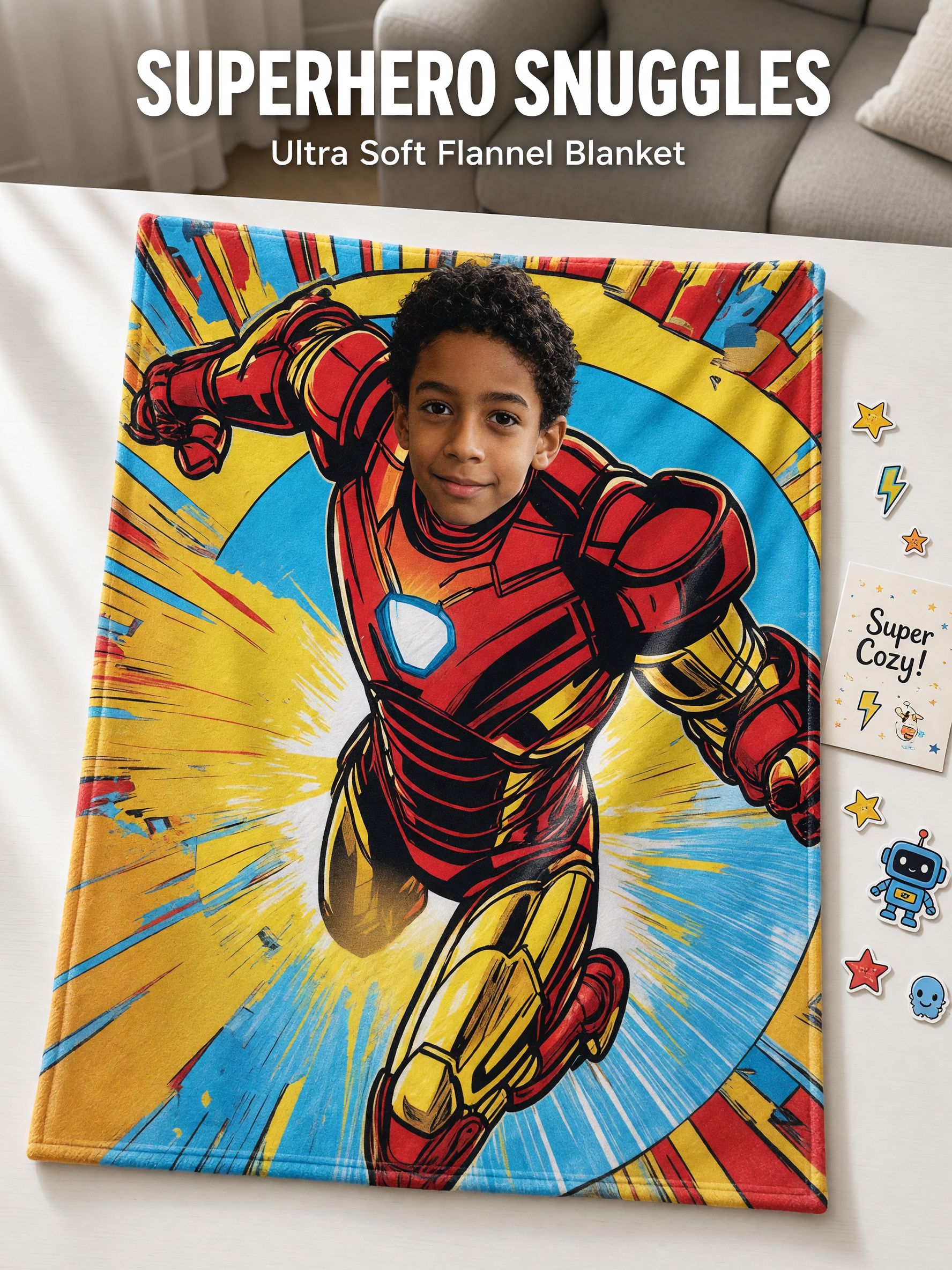 Custom Photo Face Superhero Flannel Blanket, Personalized Comic Armor Soft Warm Throw Blanket, Unique Birthday Gift