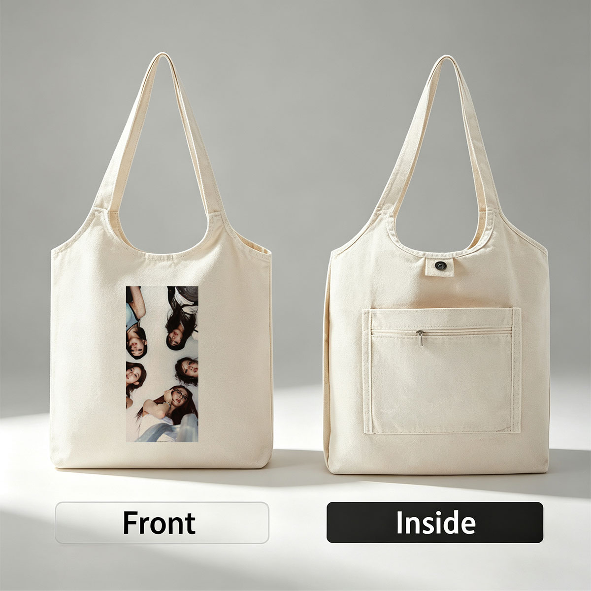 NewJeans Members Lying in a Circle on White Background with Expressive Poses and Fashionable Outfits - Canvas shoulder bags/