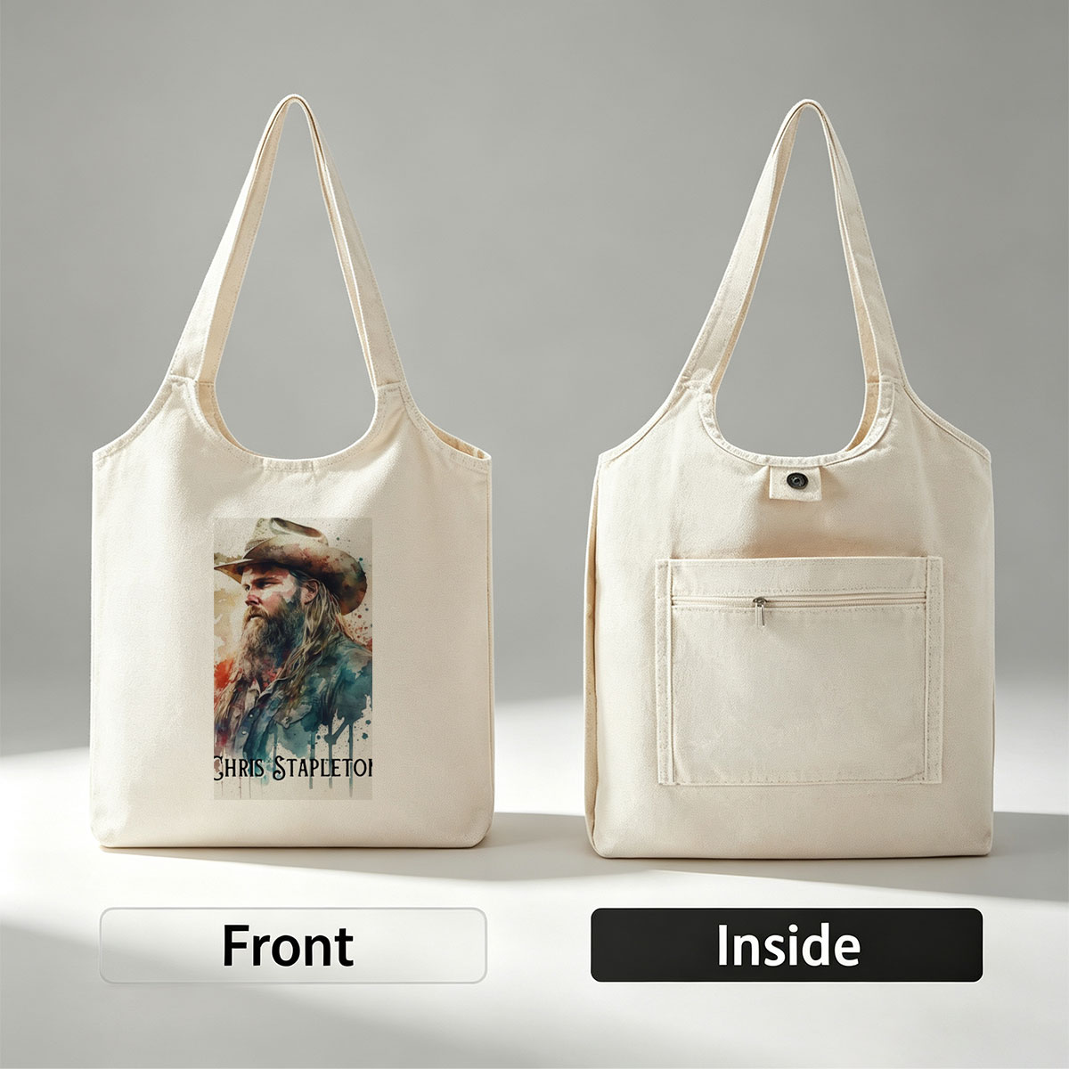 Chris Stapleton in a Watercolor Portrait with Cowboy Hat and Long Beard - Canvas shoulder bags/