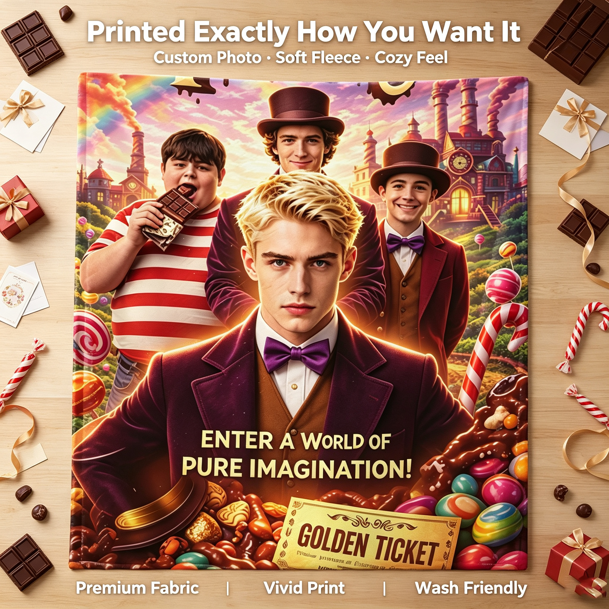 Custom Face Blanket Chocolate Factory Movie Character Flannel Blanket for Kids and Adults – Perfect Gift for Fans of Fantasy Movies and Imaginative Adventures