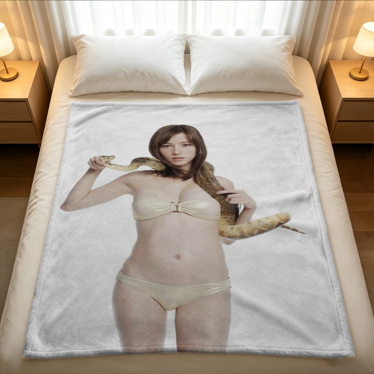A seductive woman in a white micro bikini stands in a luxurious bathroom doorway. - Blanket