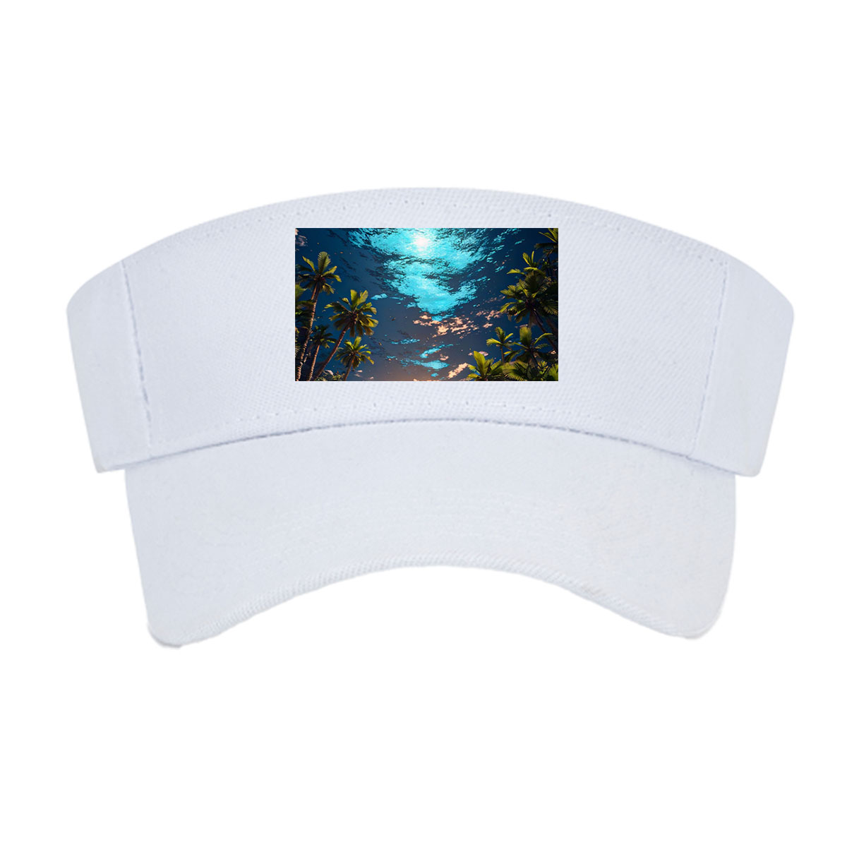 Man stands on water under surreal sky, surrounded by palm trees at twilight -  Visor cap