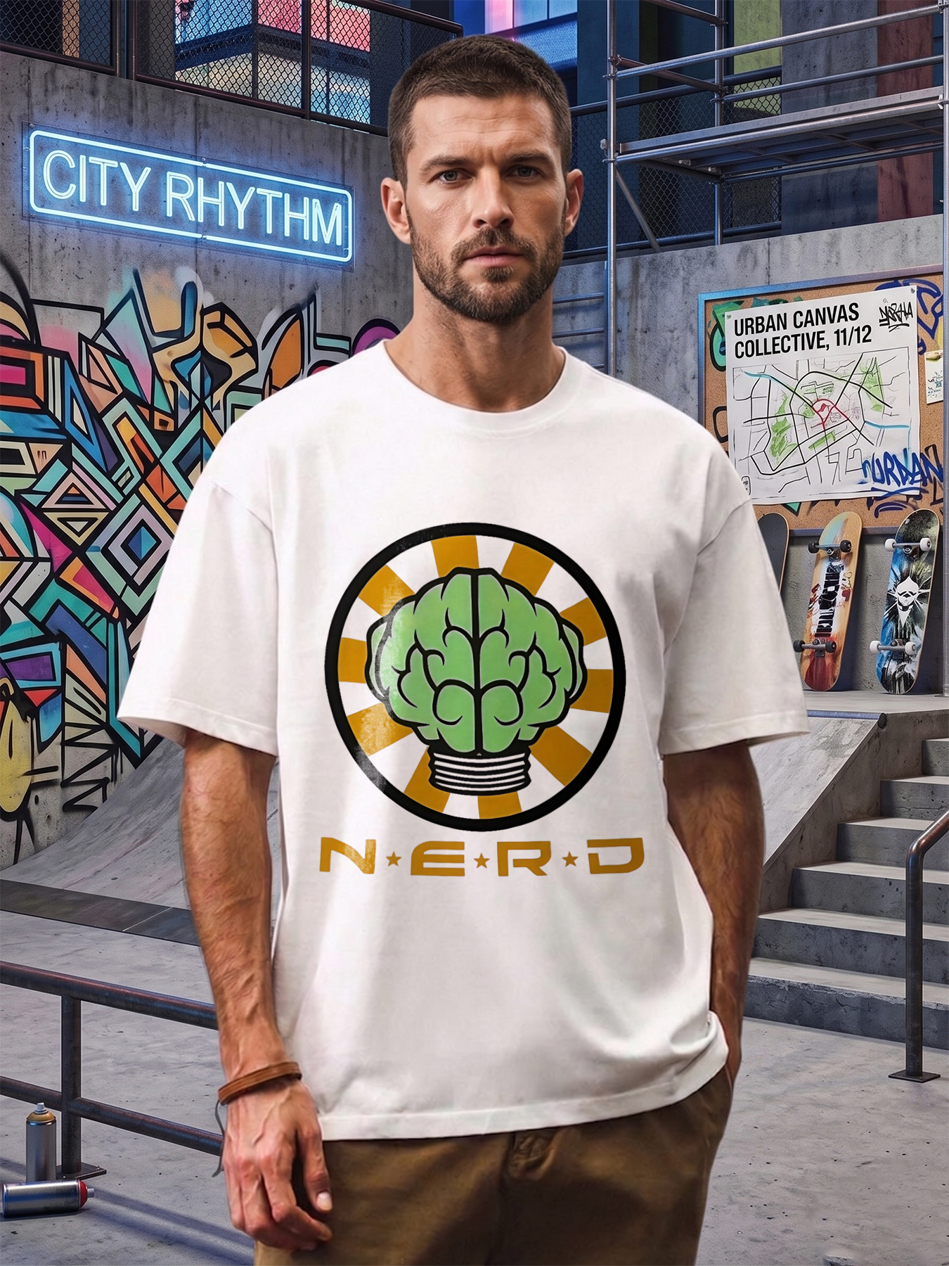 Men's Printed T-Shirt Brain Light Bulb NERD Design Casual Round Neck Summer Lightweight Breathable Short Sleeve T-Shirt for Geeks Tech Lovers Students and Nerds