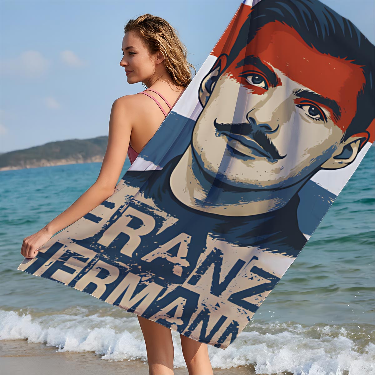 Franz Hermann Portrait with Austrian Flag Colors - Beach towels