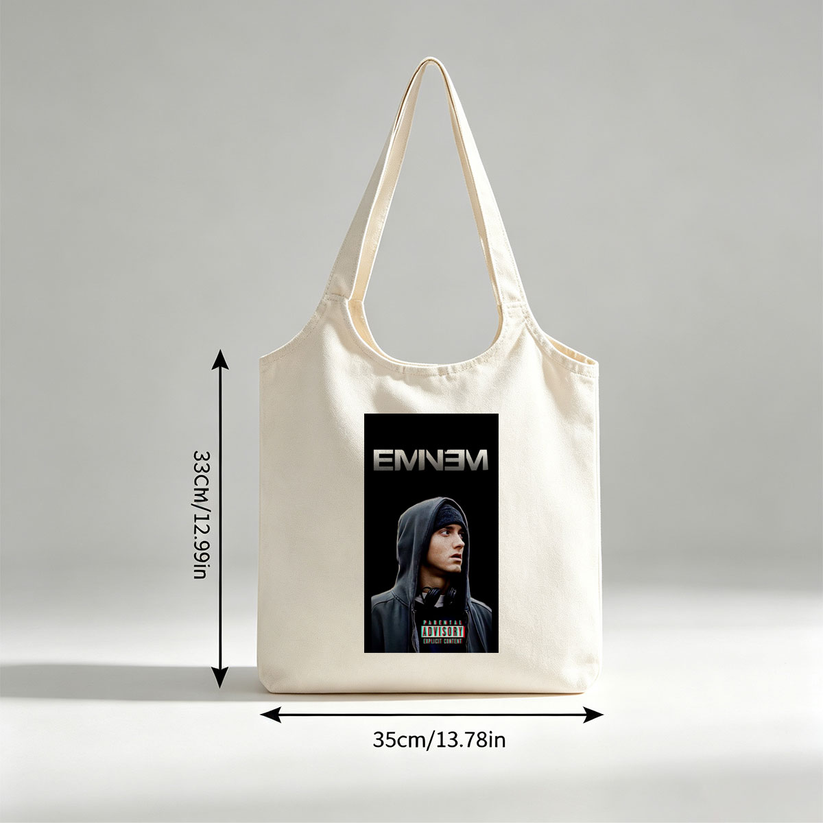 Eminem in Hoodie with Parental Advisory Label on Black Background - Canvas shoulder bags/
