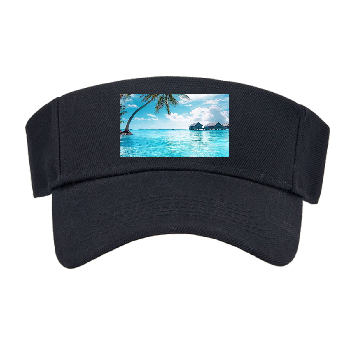 Tropical paradise with palm trees and overwater bungalows in crystal clear blue waters. -  Visor cap
