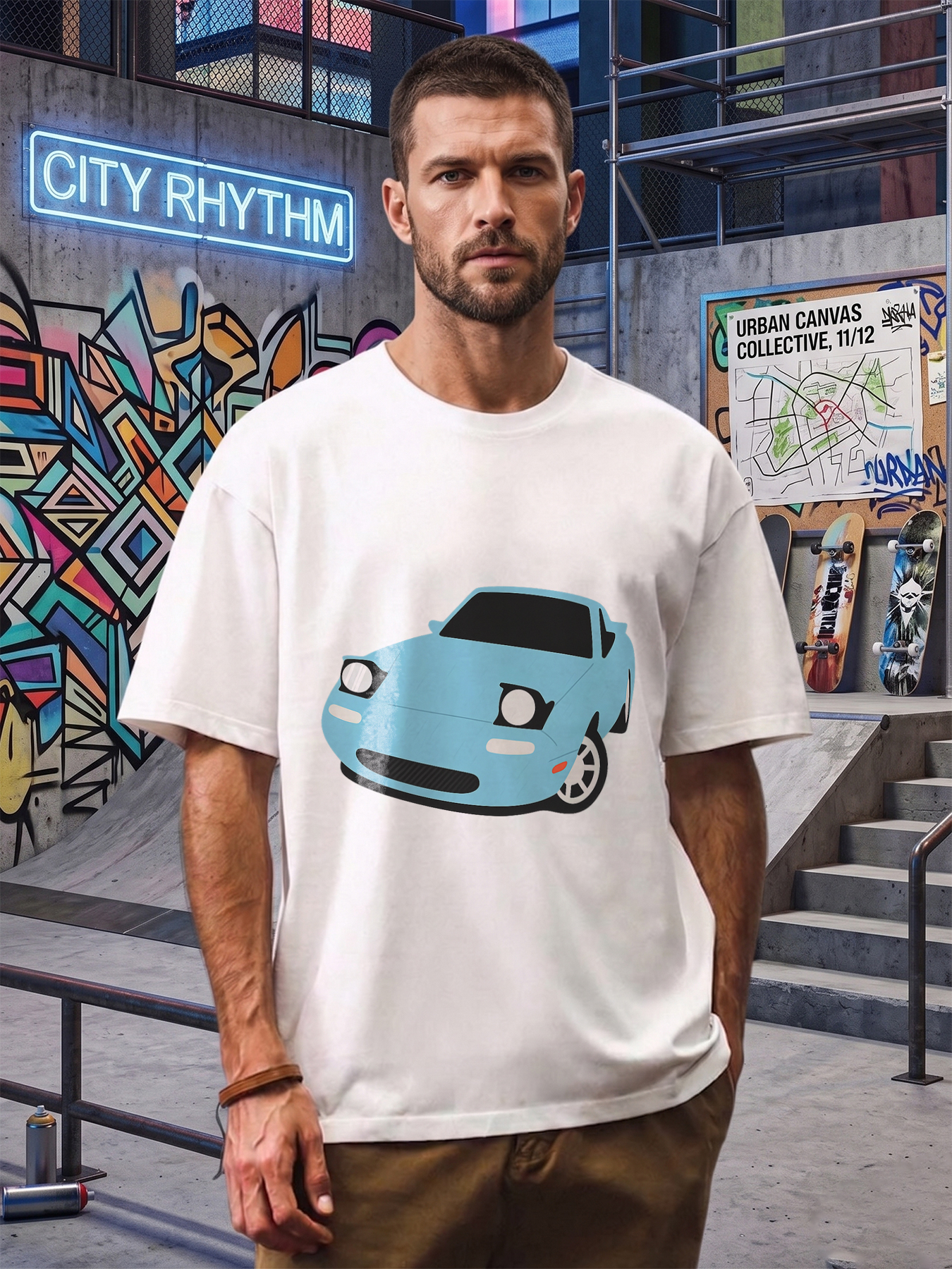 Men's Printed T-Shirt with Blue Sports Car Graphic Design Casual Round Neck Lightweight Breathable Summer Short Sleeve T-Shirt for Car Enthusiasts and Automotive Fans